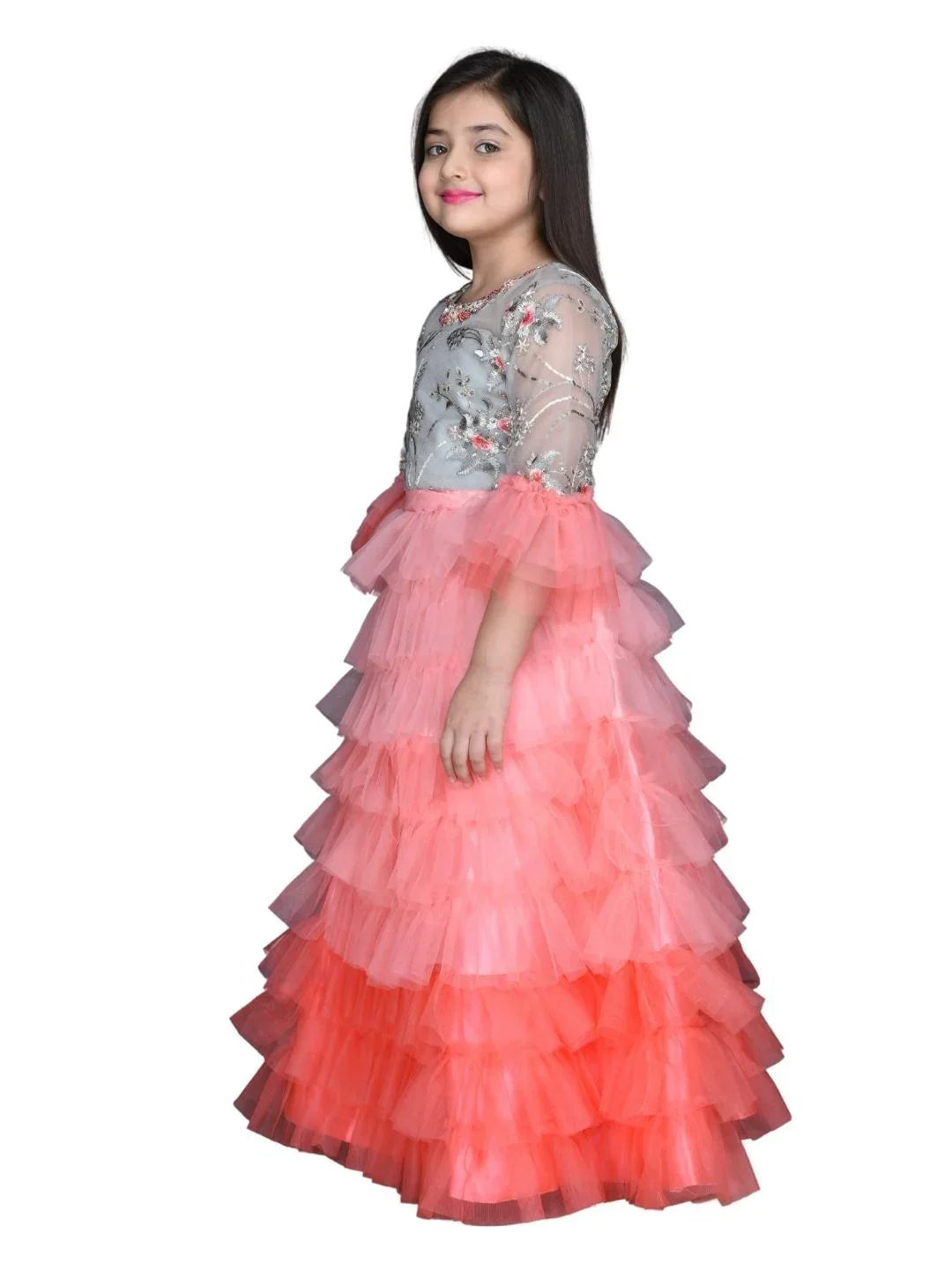 Girls Tomato & Grey Embroidered Ready to Wear Lehenga & Blouse With Dupatta For Girls - Betty Ethnic India - Saree & Lehenga - Betty Girls Wear Online