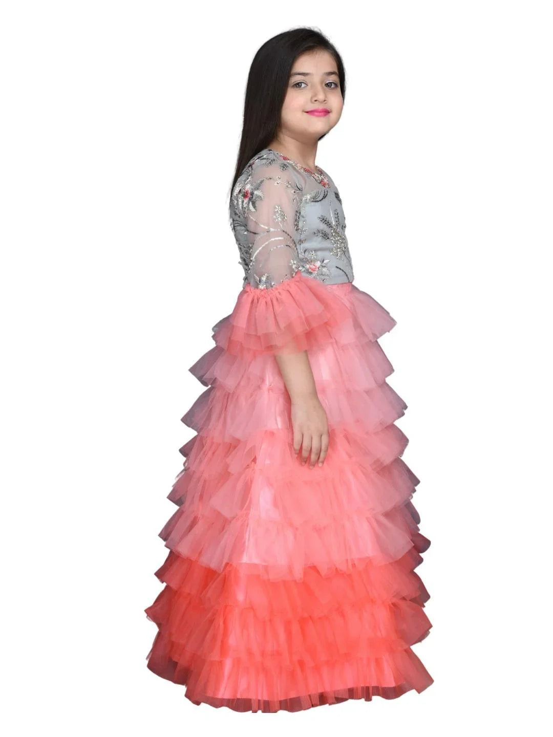 Girls Tomato & Grey Embroidered Ready to Wear Lehenga & Blouse With Dupatta For Girls - Betty Ethnic India - Saree & Lehenga - Betty Girls Wear Online