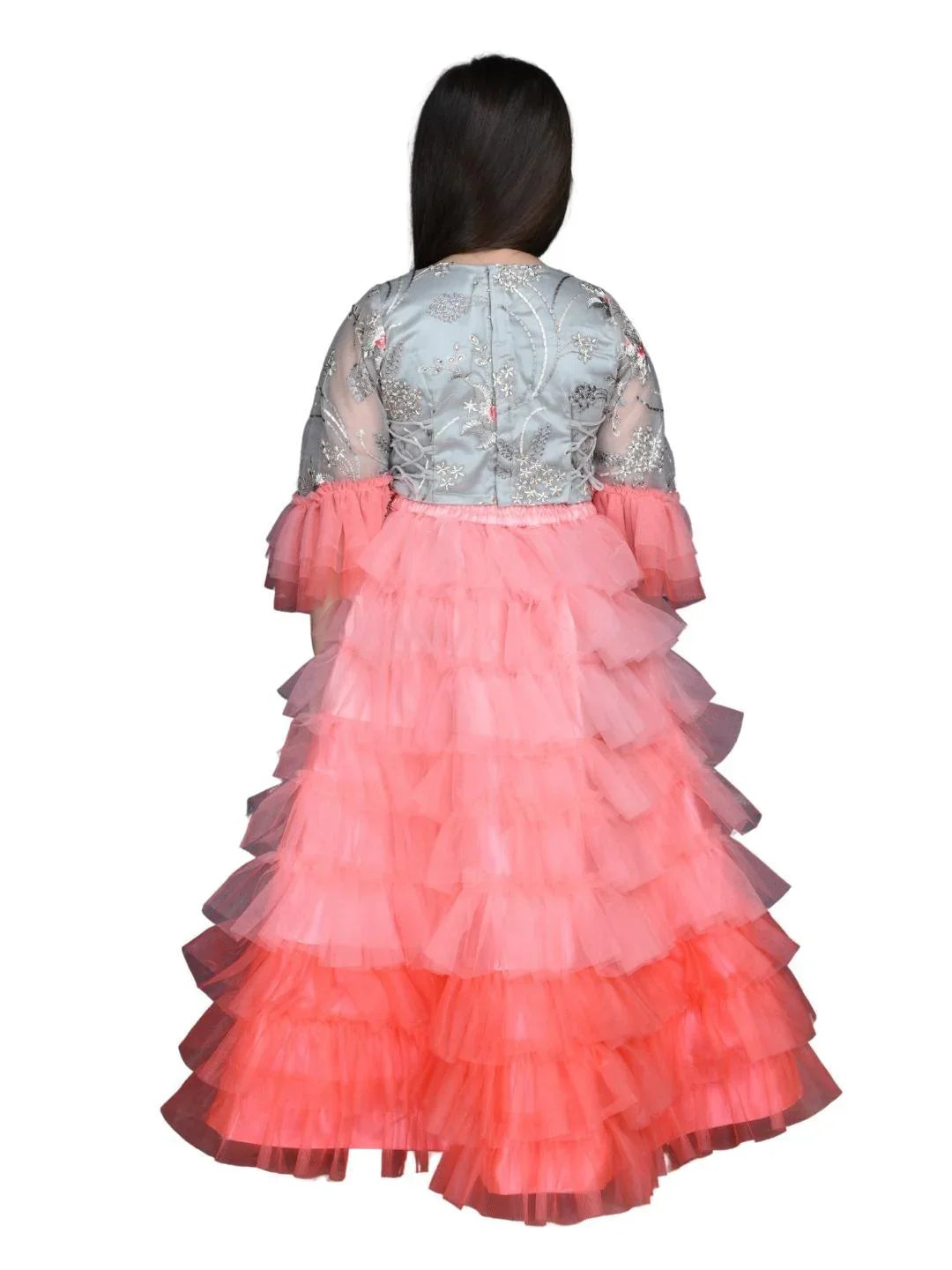 Girls Tomato & Grey Embroidered Ready to Wear Lehenga & Blouse With Dupatta For Girls - Betty Ethnic India - Saree & Lehenga - Betty Girls Wear Online