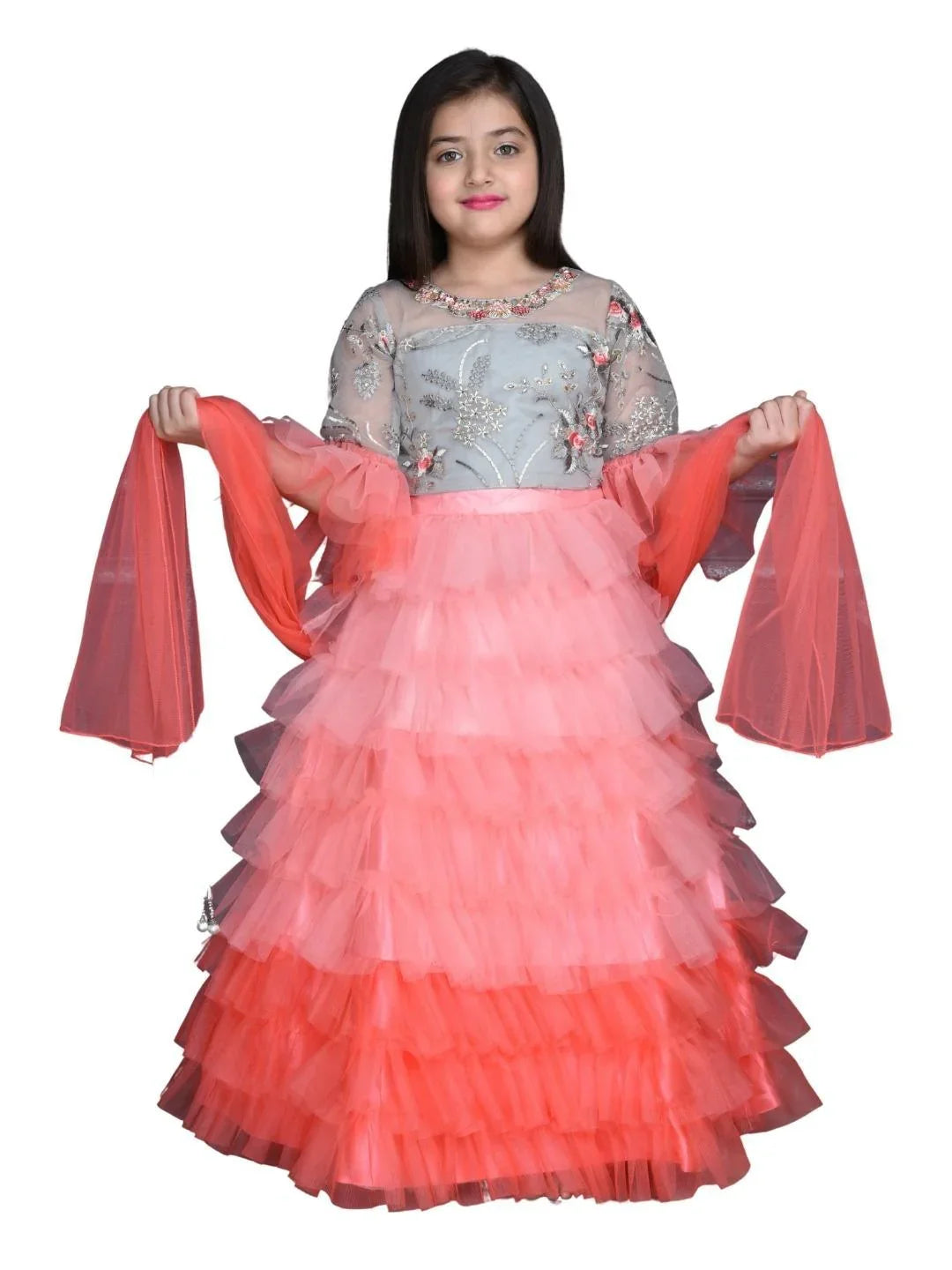 Girls Tomato & Grey Embroidered Ready to Wear Lehenga & Blouse With Dupatta For Girls - Betty Ethnic India - Saree & Lehenga - Betty Girls Wear Online