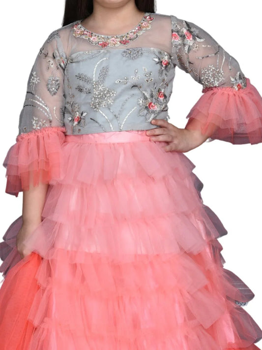 Girls Tomato & Grey Embroidered Ready to Wear Lehenga & Blouse With Dupatta For Girls - Betty Ethnic India - Saree & Lehenga - Betty Girls Wear Online