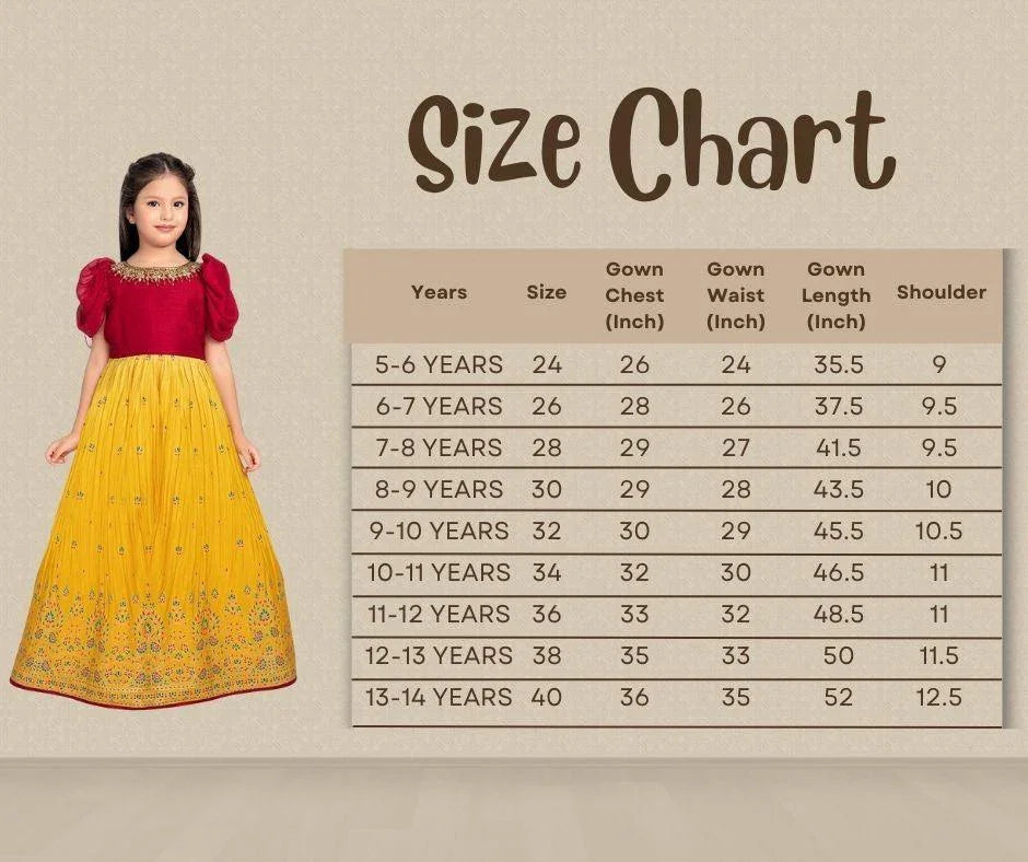 Lemon & Cherry Red Coloured Floral Embroidered Satin Puff Sleeves Styled Gown For Girls - Betty Ethnic India - Gown - Betty Girls Wear Online