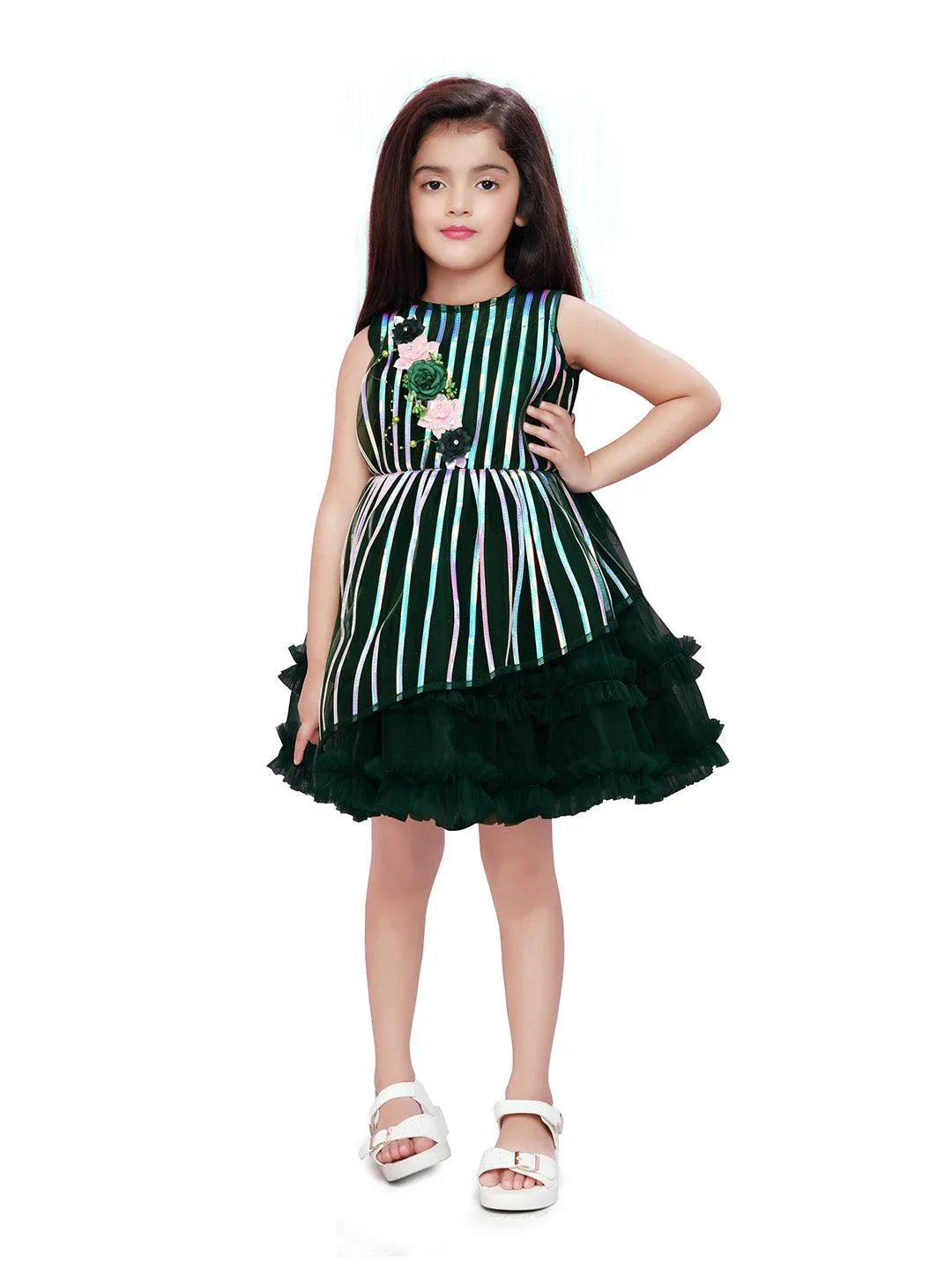 Bottle Green Coloured Stripe Style Pattern Frock For Girls - Betty Ethnic India - Frock - Betty Girls Wear Online