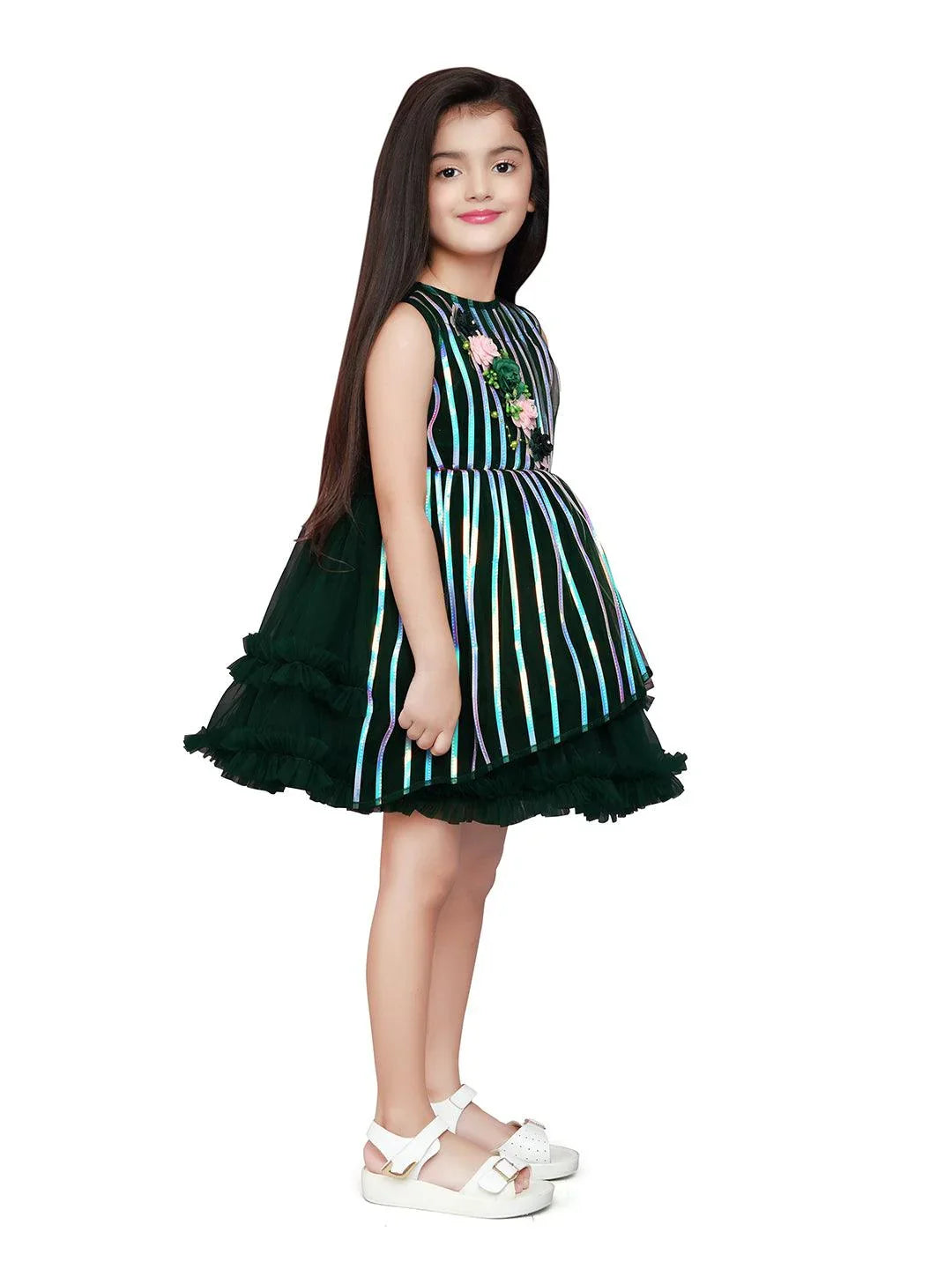 Bottle Green Coloured Stripe Style Pattern Frock For Girls - Betty Ethnic India - Frock - Betty Girls Wear Online