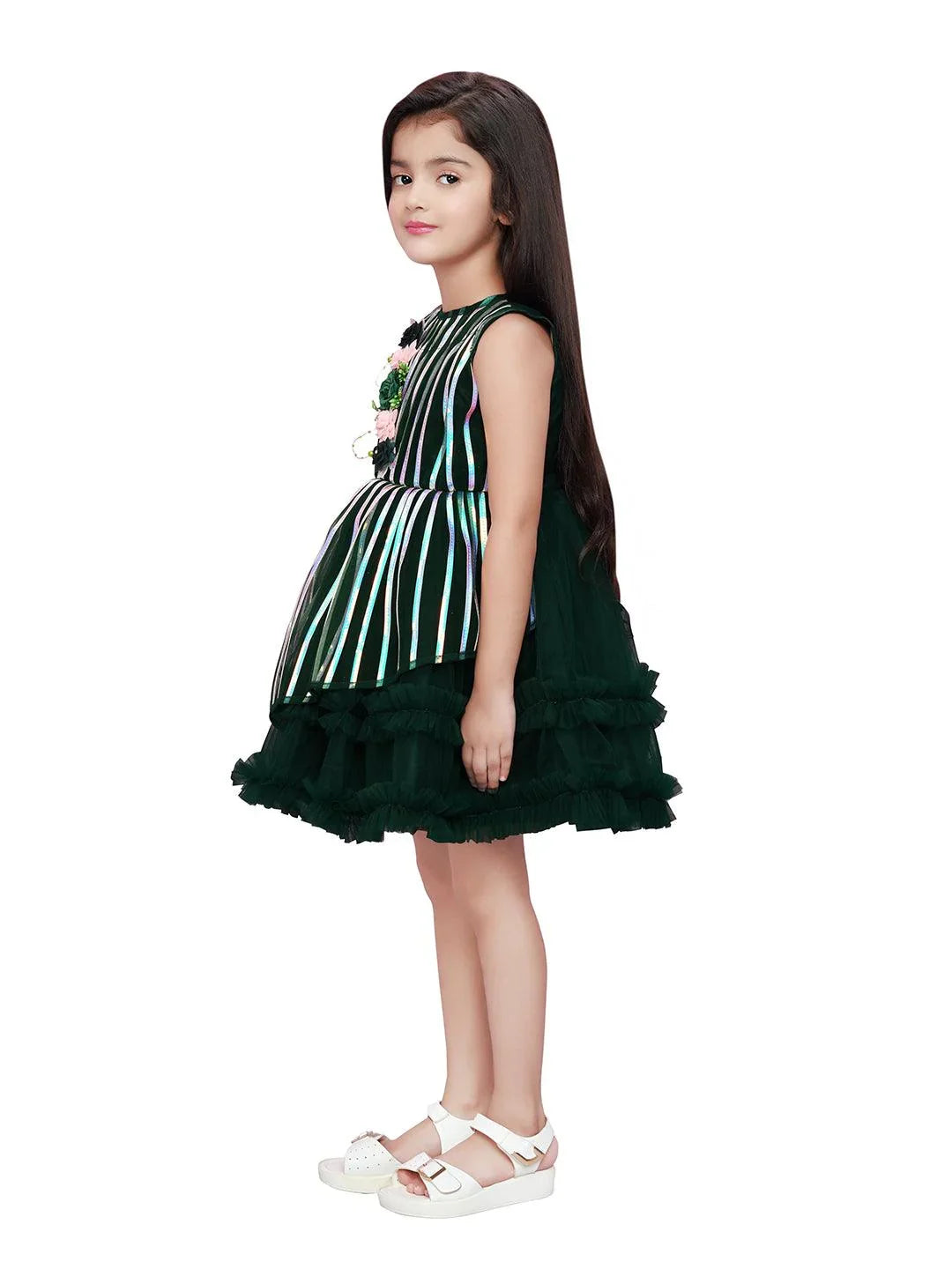 Bottle Green Coloured Stripe Style Pattern Frock For Girls - Betty Ethnic India - Frock - Betty Girls Wear Online