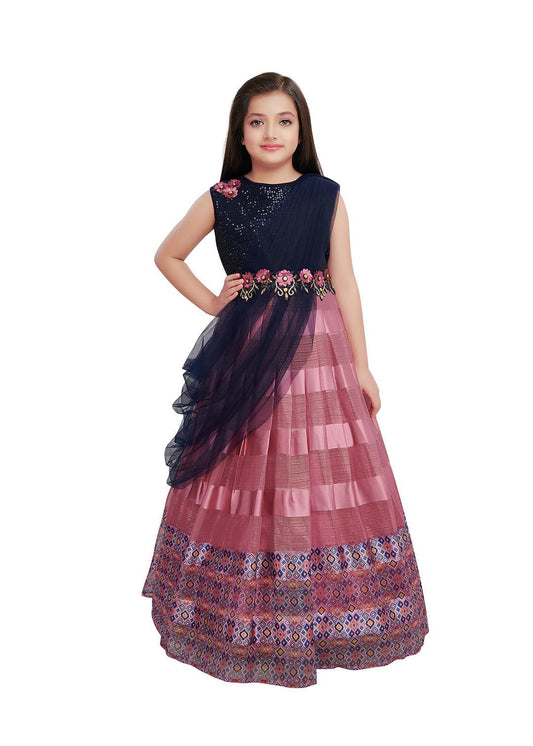 Wine Coloured Saree Style Maxi Dress Gown For Girls - Betty Ethnic India - Gown - Betty Girls Wear Online