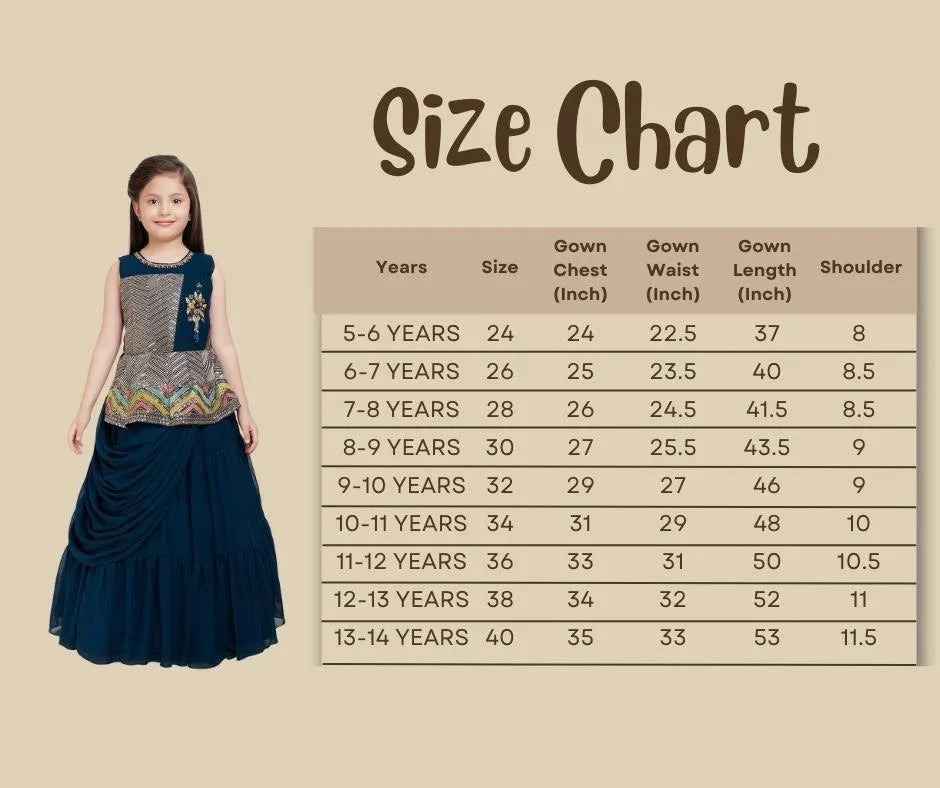 Peacock Blue Coloured Saree Styled Attached Dupatta Gown For Girls - Betty Ethnic India - Gown - Betty Girls Wear Online