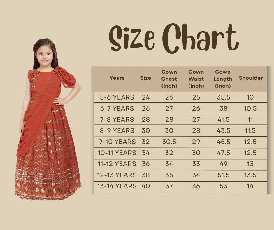 Rust Embellished Georgette With Saree Style Dupatta Attached Gown For Girls - Betty Ethnic India - Gown - Betty Girls Wear Online