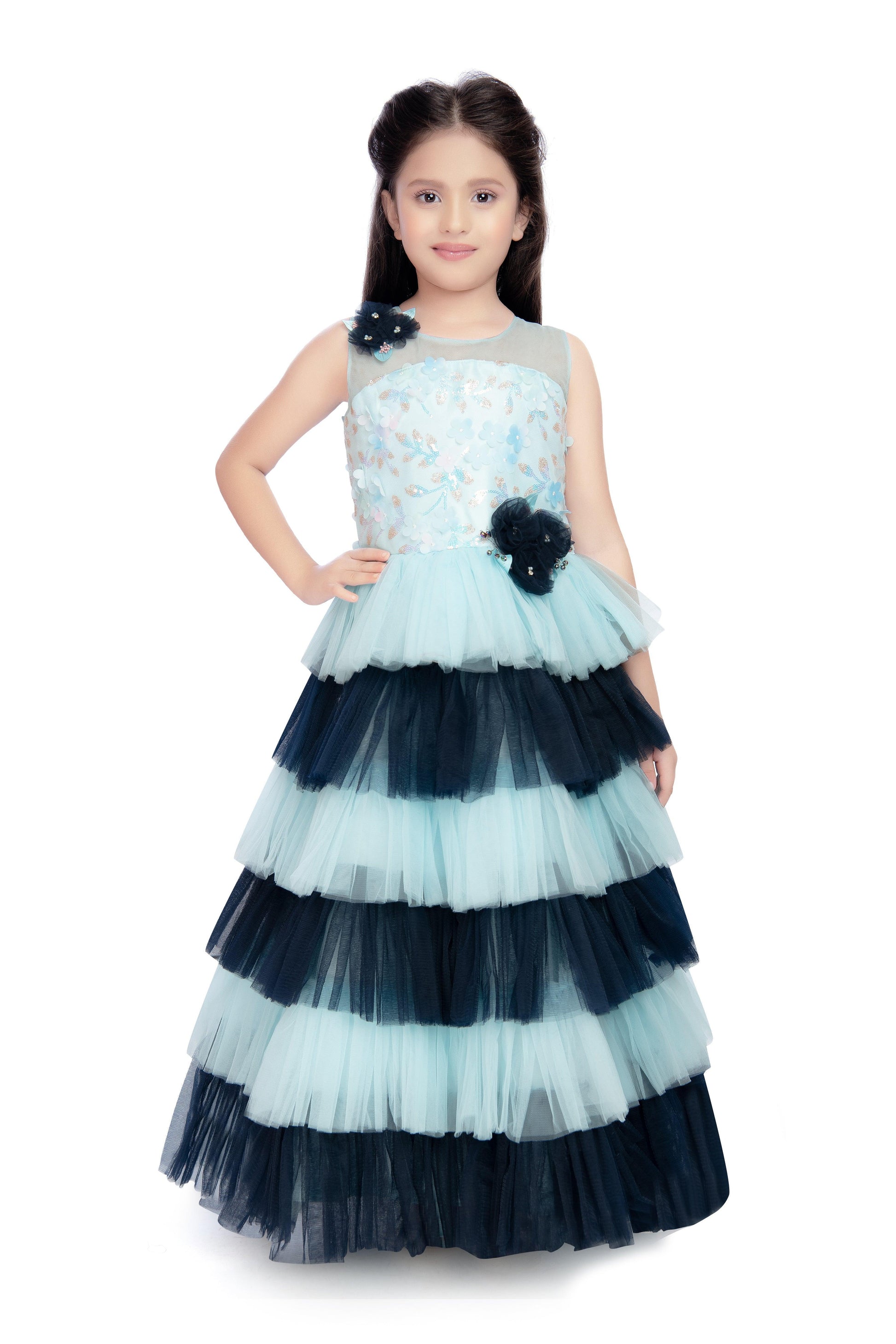 Blue Coloured Layered Maxi Dress Trendy Frill Concept Gown For Girls - Betty Ethnic India - Gown - Betty Girls Wear Online