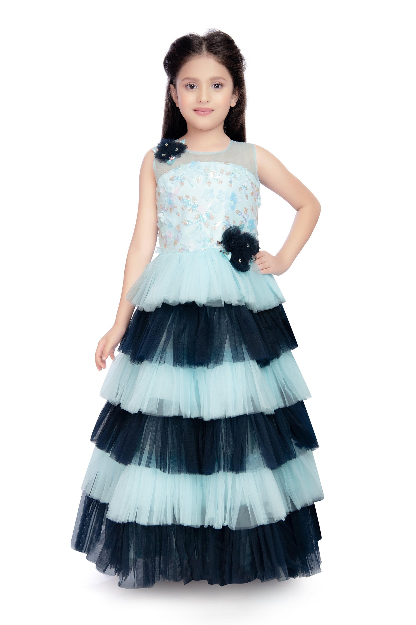 Blue Coloured Layered Maxi Dress Trendy Frill Concept Gown For Girls - Betty Ethnic India - Gown - Betty Girls Wear Online