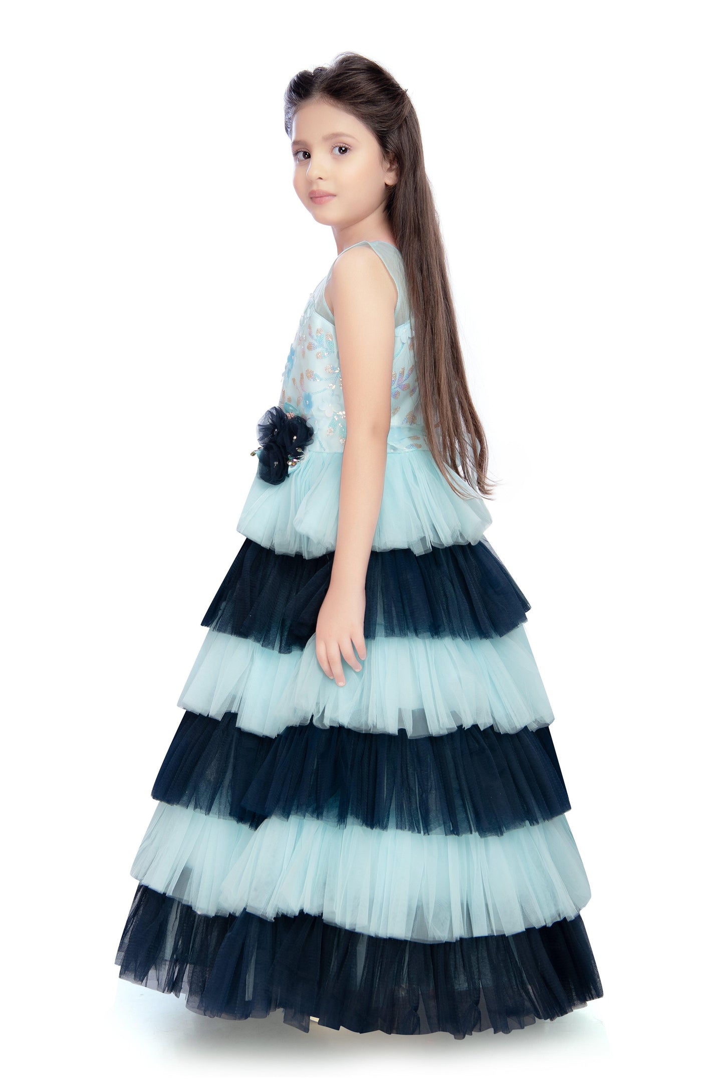 Blue Coloured Layered Maxi Dress Trendy Frill Concept Gown For Girls - Betty Ethnic India - Gown - Betty Girls Wear Online
