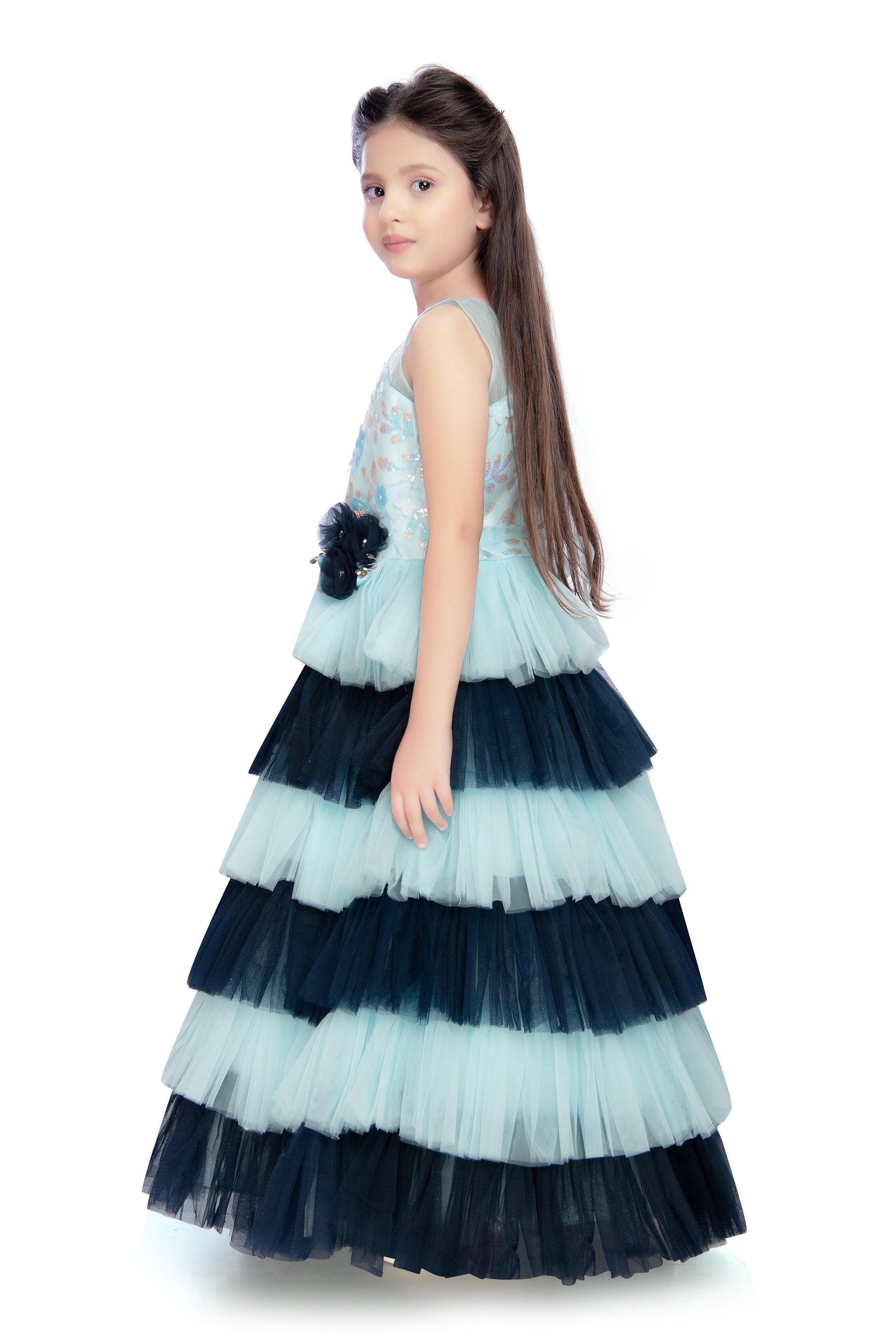 Blue Coloured Layered Maxi Dress Trendy Frill Concept Gown For Girls - Betty Ethnic India - Gown - Betty Girls Wear Online