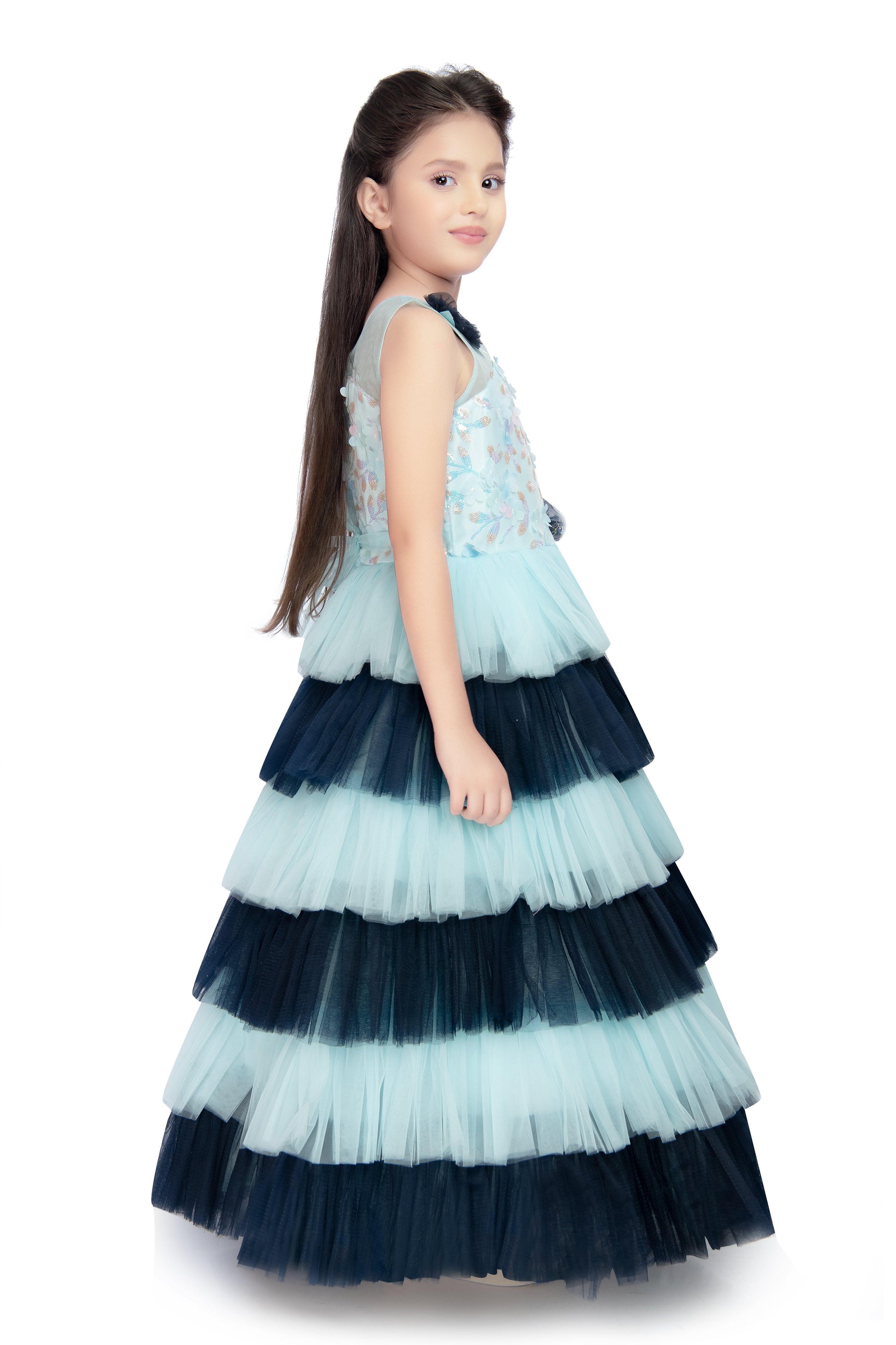 Blue Coloured Layered Maxi Dress Trendy Frill Concept Gown For Girls - Betty Ethnic India - Gown - Betty Girls Wear Online