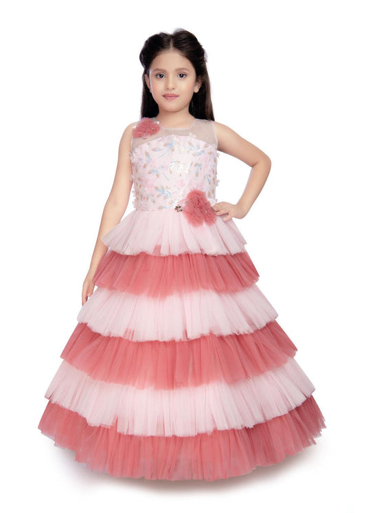 Pink Coloured Layered Maxi Dress Trendy Frill Concept Gown For Girls - Betty Ethnic India - Gown - Betty Girls Wear Online