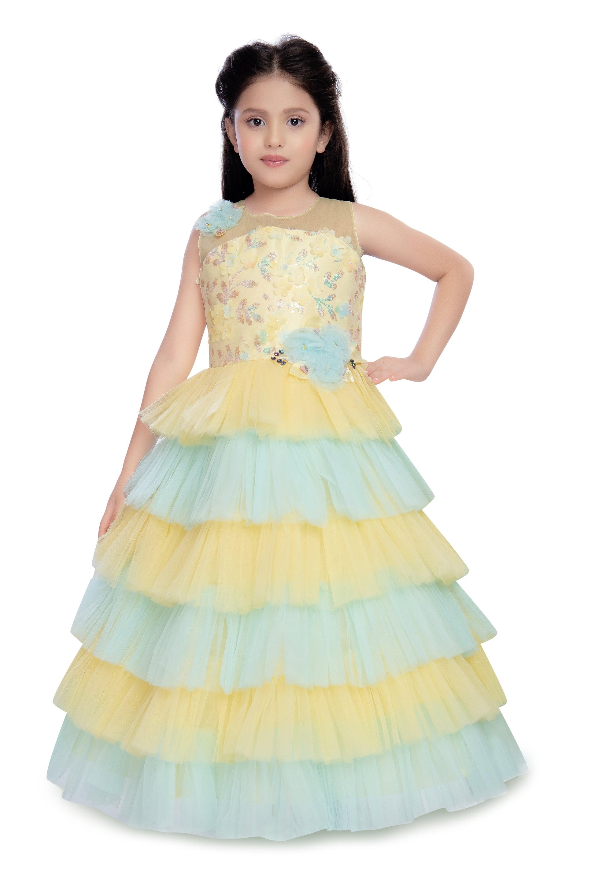 Lemon Coloured Layered Maxi Dress Trendy Frill Concept Gown For Girls - Betty Ethnic India - Gown - Betty Girls Wear Online