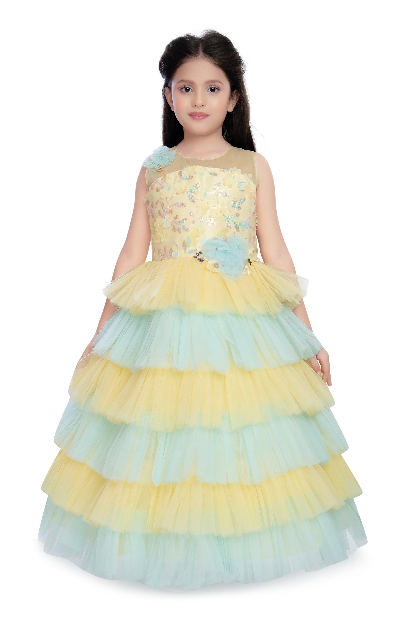 Lemon Coloured Layered Maxi Dress Trendy Frill Concept Gown For Girls - Betty Ethnic India - Gown - Betty Girls Wear Online