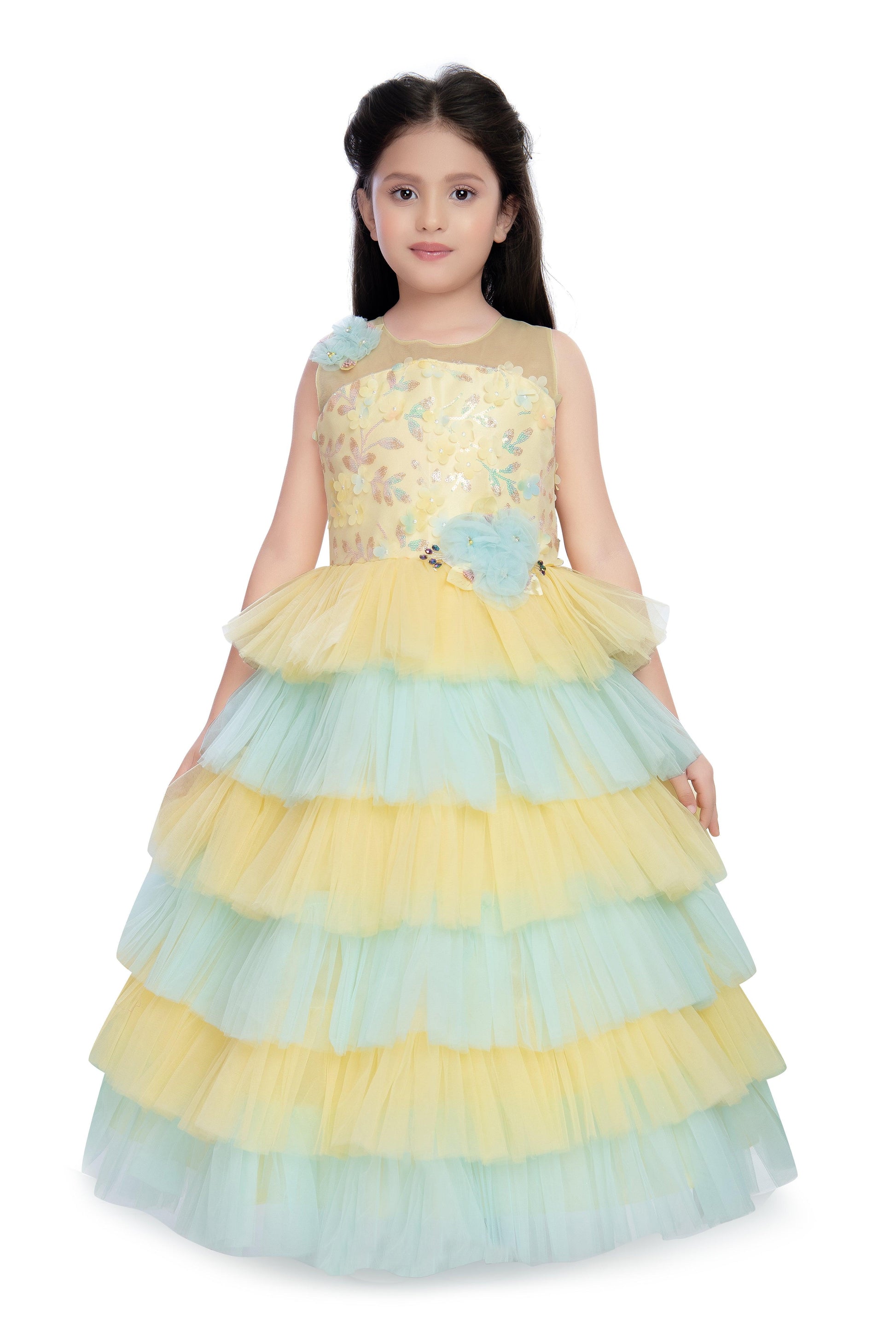 Lemon Coloured Layered Maxi Dress Trendy Frill Concept Gown For Girls - Betty Ethnic India - Gown - Betty Girls Wear Online