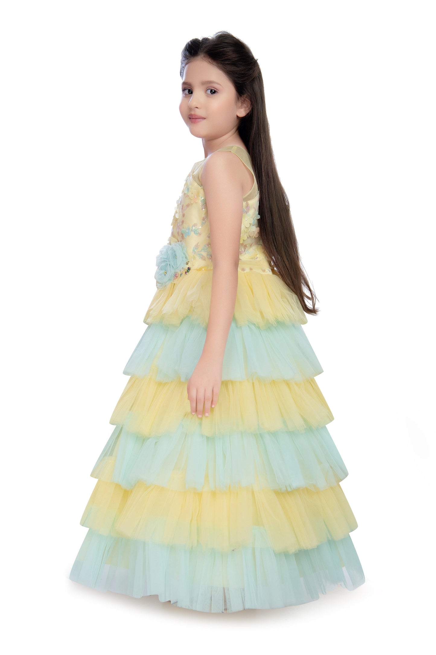 Lemon Coloured Layered Maxi Dress Trendy Frill Concept Gown For Girls - Betty Ethnic India - Gown - Betty Girls Wear Online
