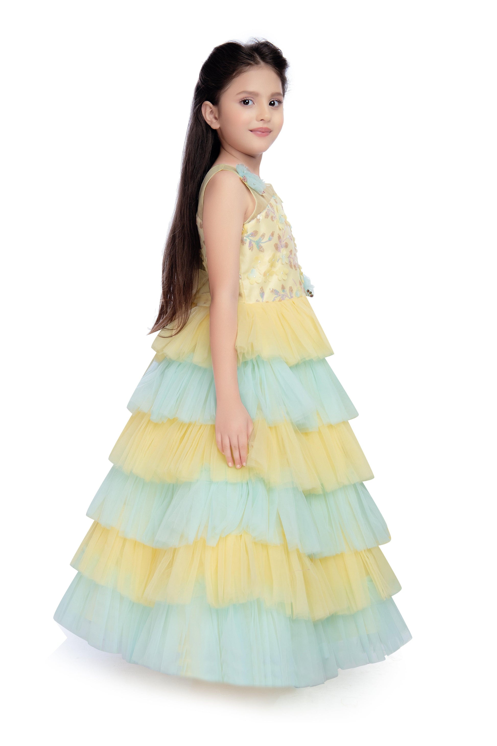 Lemon Coloured Layered Maxi Dress Trendy Frill Concept Gown For Girls - Betty Ethnic India - Gown - Betty Girls Wear Online