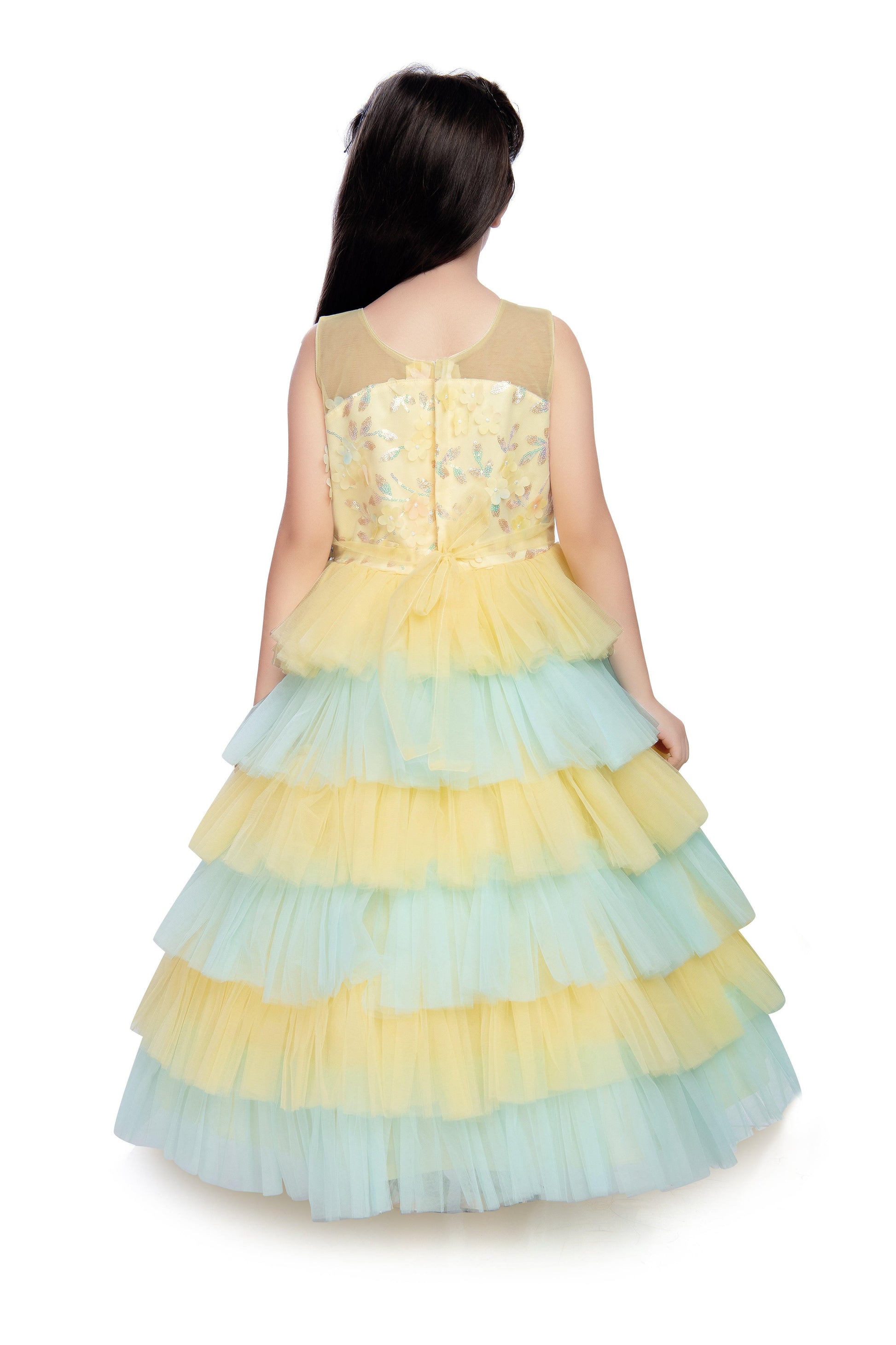 Lemon Coloured Layered Maxi Dress Trendy Frill Concept Gown For Girls - Betty Ethnic India - Gown - Betty Girls Wear Online
