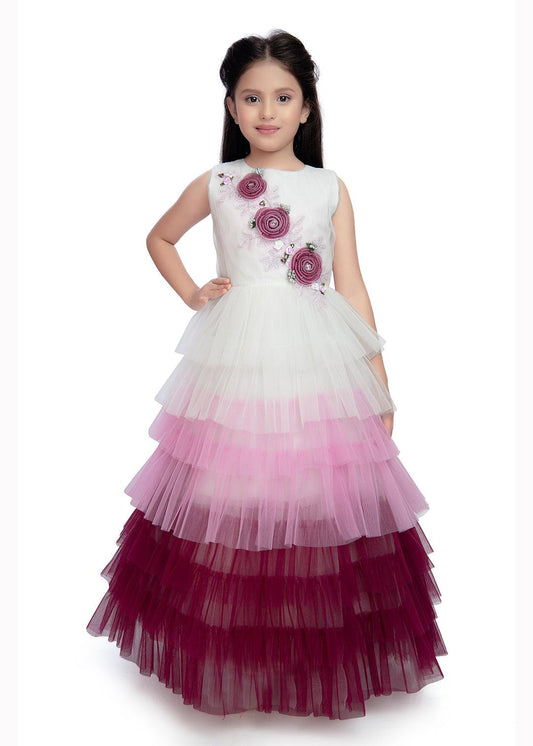 Wine Coloured Layered Pattern Maxi Dress Gown For Girls - Betty Ethnic India - Gown - Betty Girls Wear Online