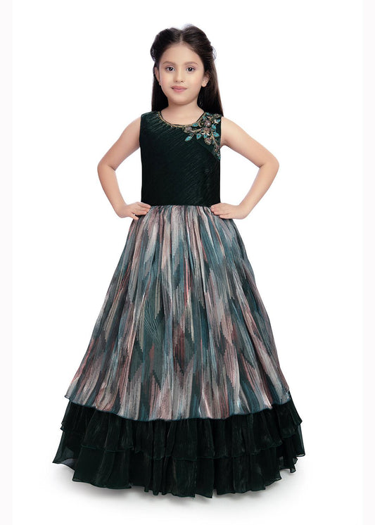 Bottle Green Coloured Tissue Fabric Maxi Length Dress With Layer Style Gown For Girls - Betty Ethnic India - Gown - Betty Girls Wear Online