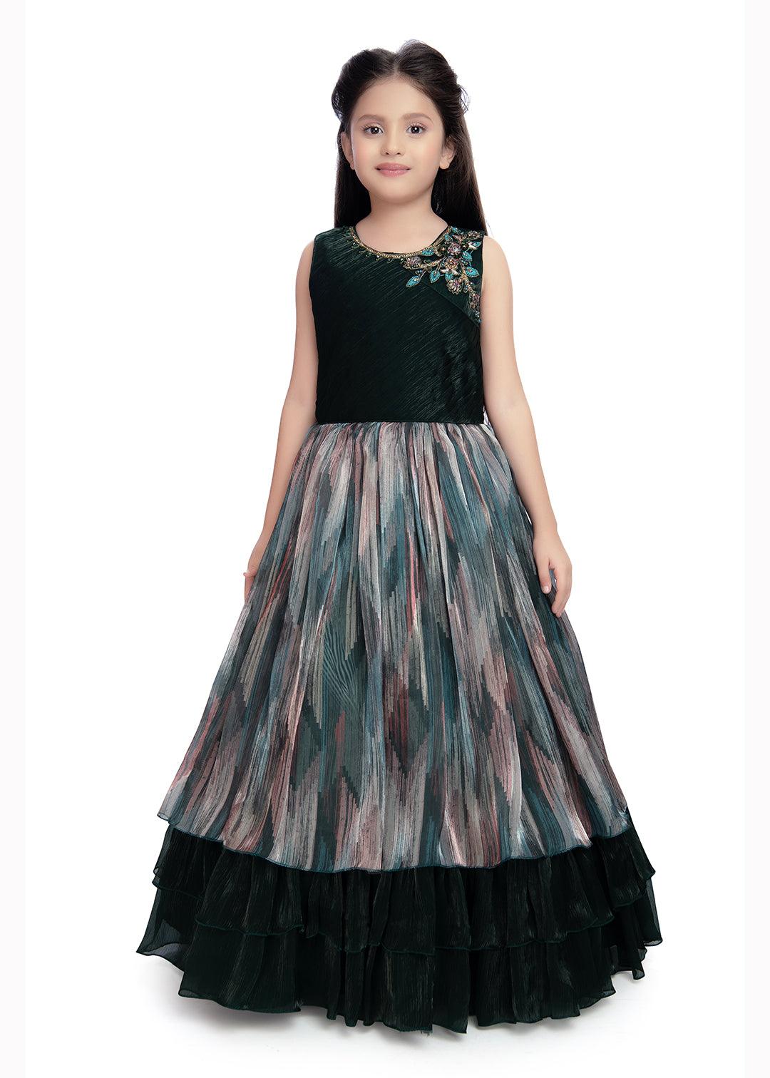 Bottle Green Coloured Tissue Fabric Maxi Length Dress With Layer Style Gown For Girls - Betty Ethnic India - Gown - Betty Girls Wear Online