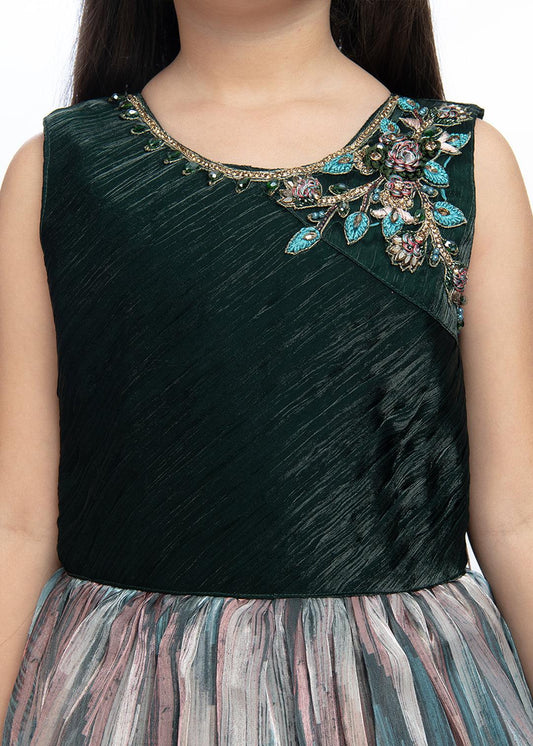 Bottle Green Coloured Tissue Fabric Maxi Length Dress With Layer Style Gown For Girls - Betty Ethnic India - Gown - Betty Girls Wear Online