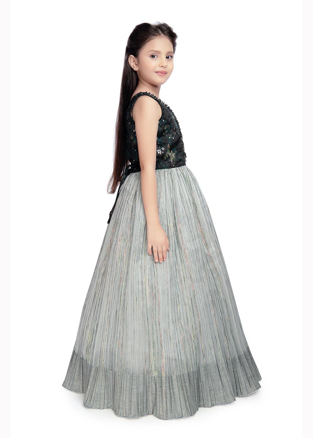 Grey Coloured Pleating Fabric Maxi Dress Gown For Girls - Betty Ethnic India - Gown - Betty Girls Wear Online