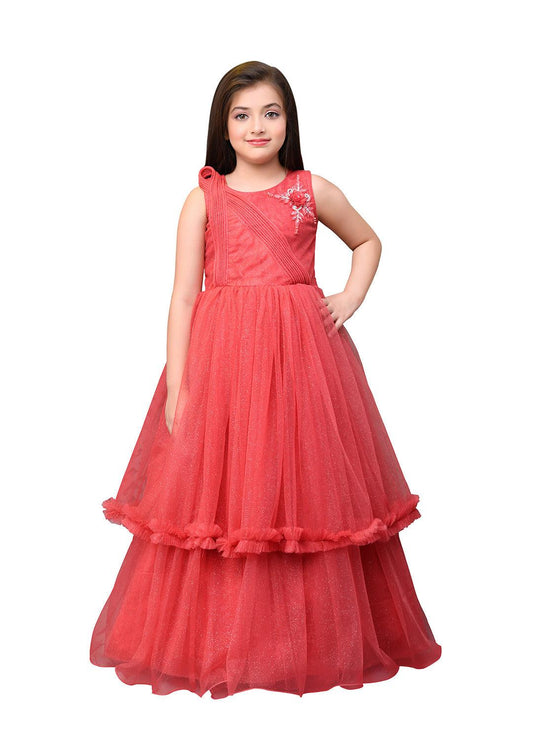 Tomato Coloured Wire Styled Net Maxi Dress Gown For Girls - Betty Ethnic India - Gown - Betty Girls Wear Online