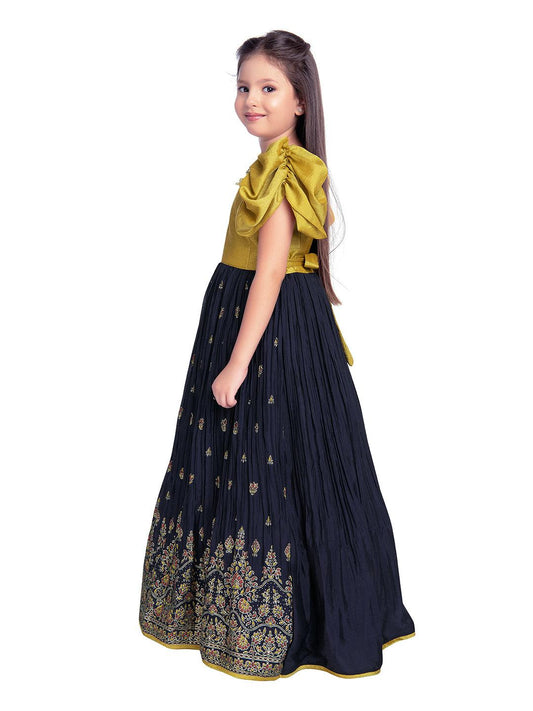 Mustard & Navy Blue Coloured Floral Embroidered Satin Puff Sleeves Styled Gown For Girls - Betty Ethnic India - Gown - Betty Girls Wear Online
