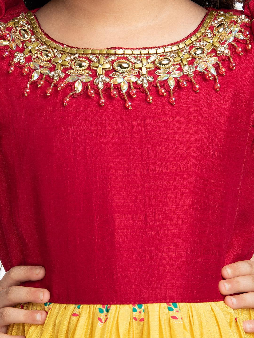 Lemon & Cherry Red Coloured Floral Embroidered Satin Puff Sleeves Styled Gown For Girls - Betty Ethnic India - Gown - Betty Girls Wear Online