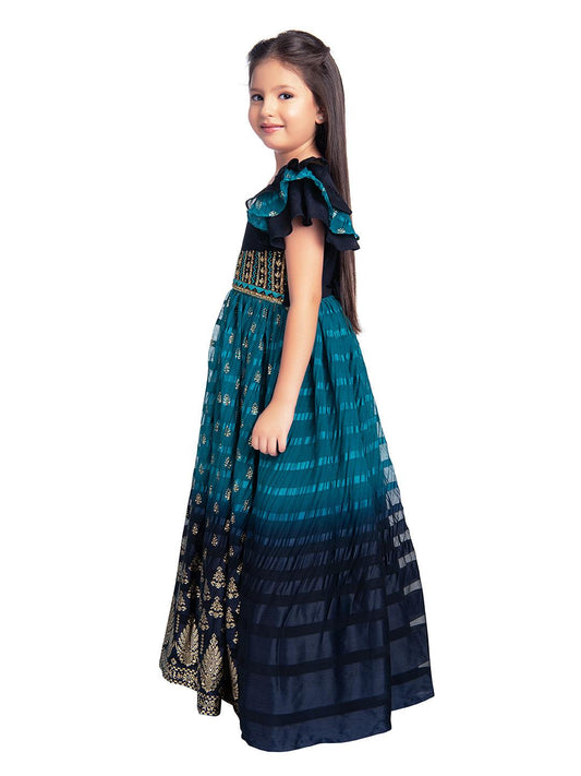 Navy Blue Coloured Hand Embroidery Flutter Sleeves Style Gown For Girls - Betty Ethnic India - Gown - Betty Girls Wear Online