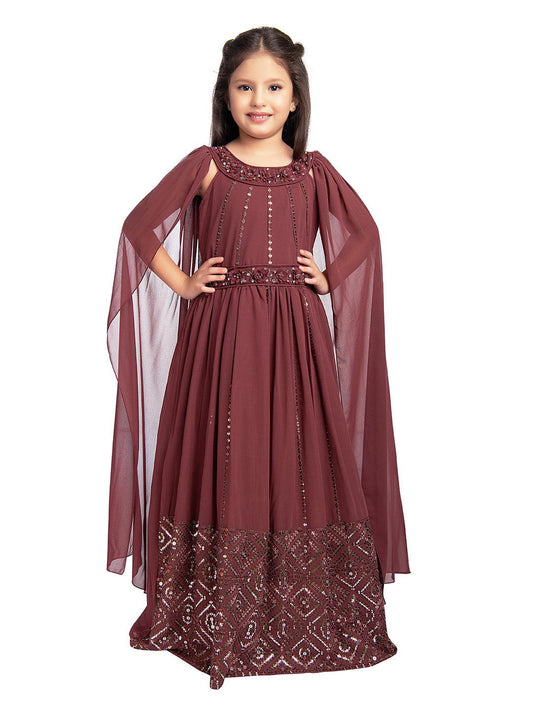Plum Wine Coloured Embellished Two Sided Sleeves Style Georgette Gown For Girls - Betty Ethnic India - Gown - Betty Girls Wear Online