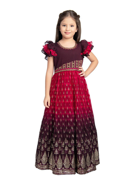 Burgundy Coloured Hand Embroidery Flutter Sleeves Style Gown For Girls - Betty Ethnic India - Gown - Betty Girls Wear Online