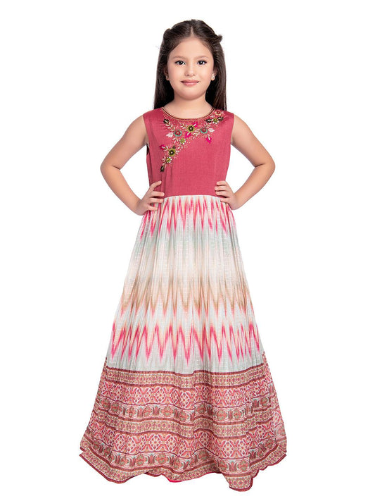 Rose Coloured Ethnic Motifs Gown For Girls - Betty Ethnic India - Gown - Betty Girls Wear Online
