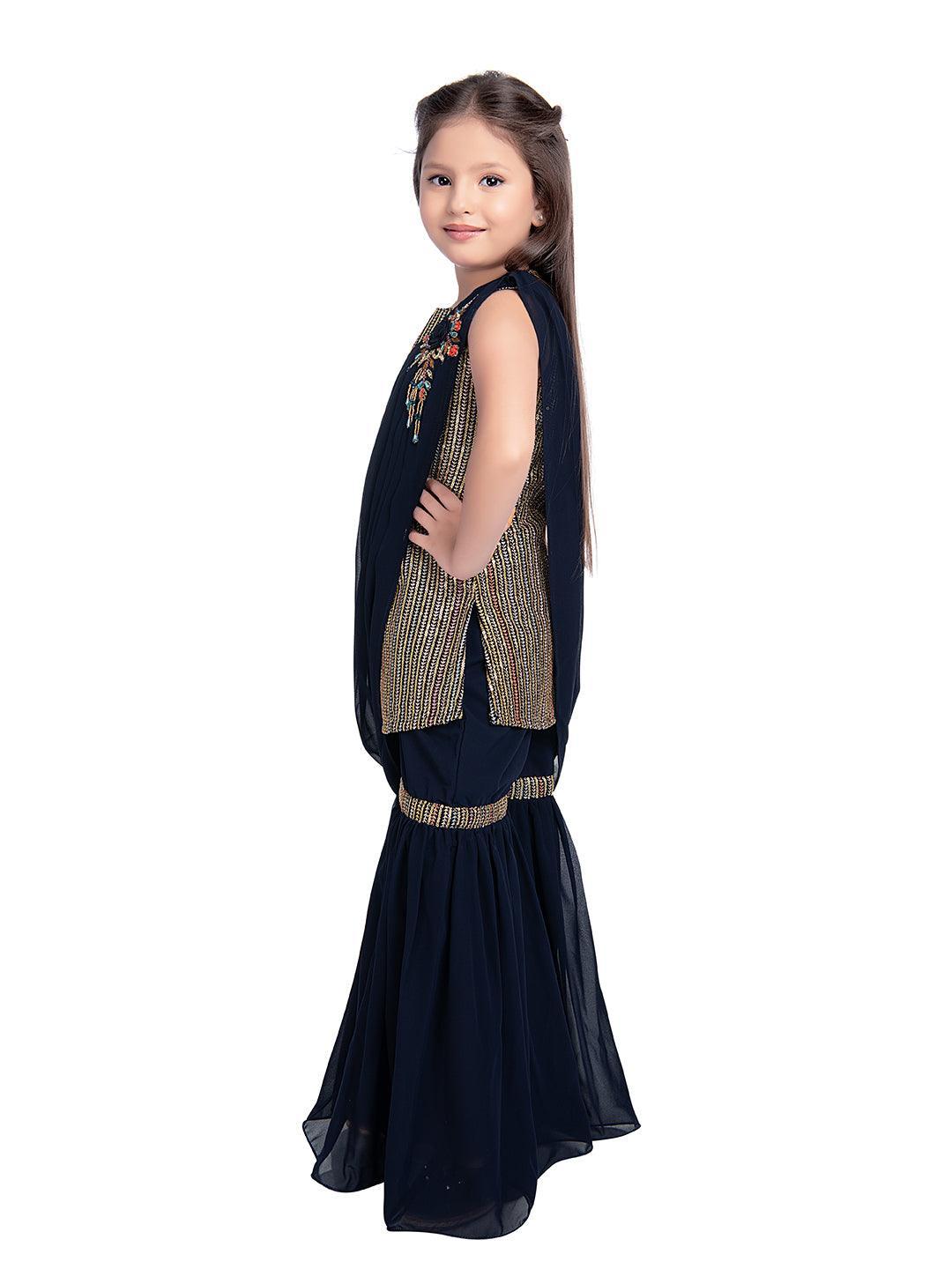 Navy Blue Striped Sequinned Kurta with Sharara & With Dupatta For Girls - Betty Ethnic India - Gharara / Sharara Set - Betty Girls Wear Online