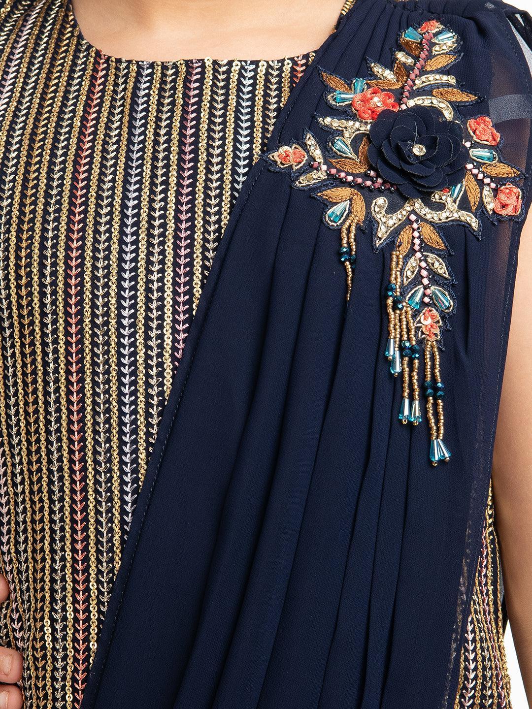 Navy Blue Striped Sequinned Kurta with Sharara & With Dupatta For Girls - Betty Ethnic India - Gharara / Sharara Set - Betty Girls Wear Online