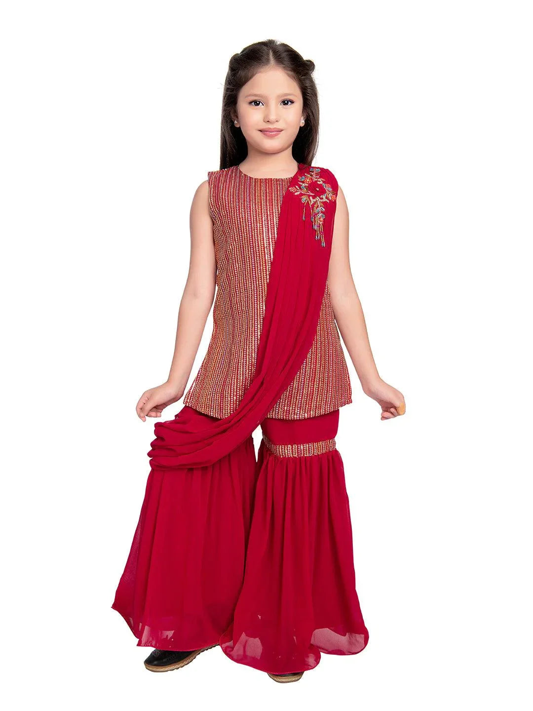 Red Striped Sequinned Kurta with Sharara & With Dupatta For Girls - Betty Ethnic India - Gharara / Sharara Set - Betty Girls Wear Online