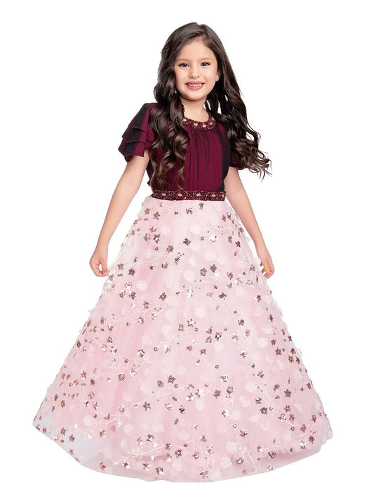 Wine Coloured Imported Floral Net Gown For Girls - Betty Ethnic India - Gown - Betty Girls Wear Online