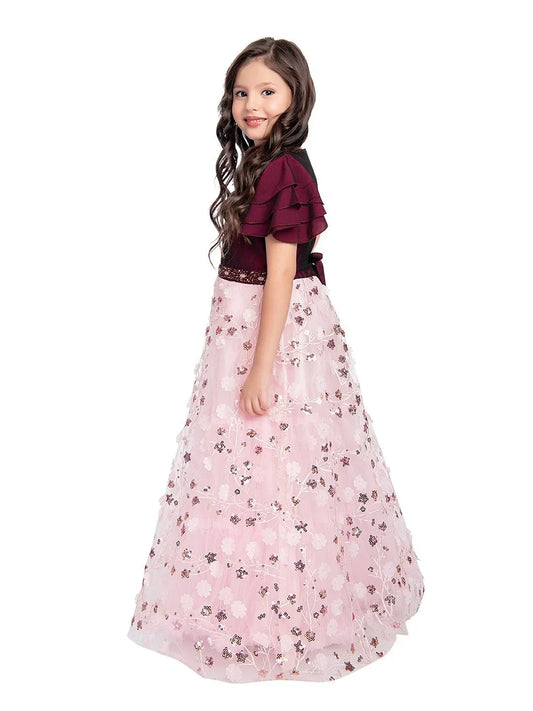 Wine Coloured Imported Floral Net Gown For Girls - Betty Ethnic India - Gown - Betty Girls Wear Online
