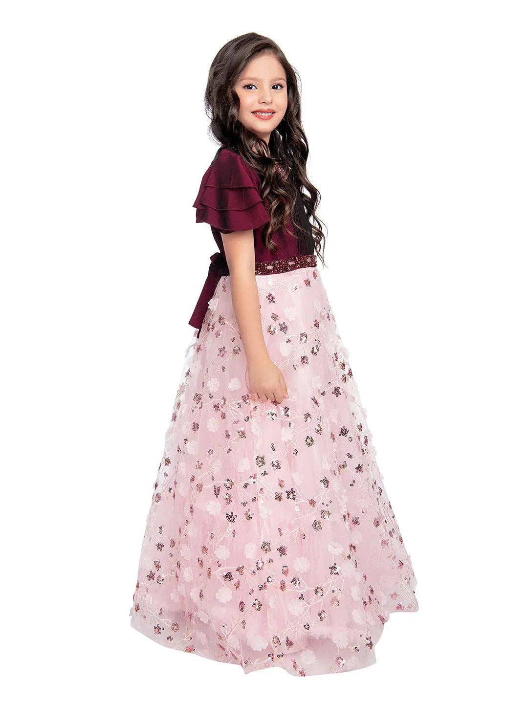 Wine Coloured Imported Floral Net Gown For Girls - Betty Ethnic India - Gown - Betty Girls Wear Online