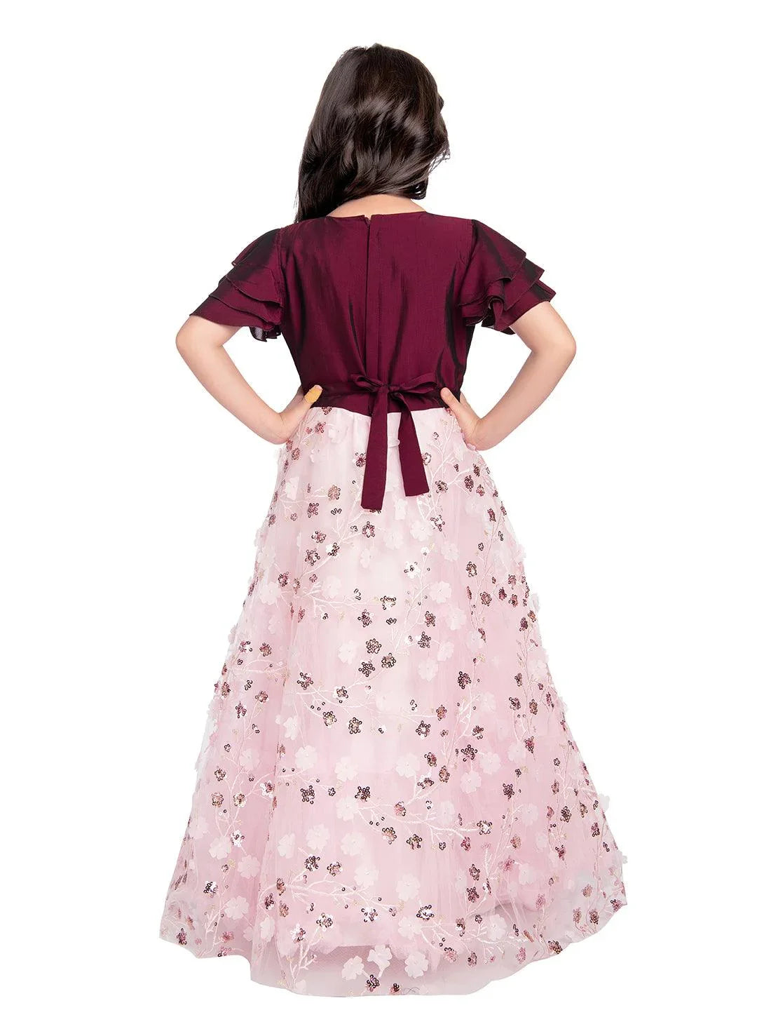 Wine Coloured Imported Floral Net Gown For Girls - Betty Ethnic India - Gown - Betty Girls Wear Online