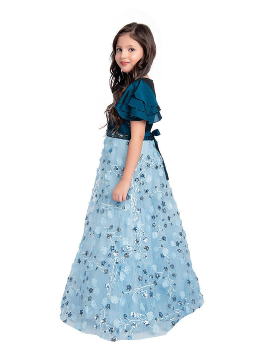 Blue Coloured Imported Floral Net Gown For Girls - Betty Ethnic India - Gown - Betty Girls Wear Online