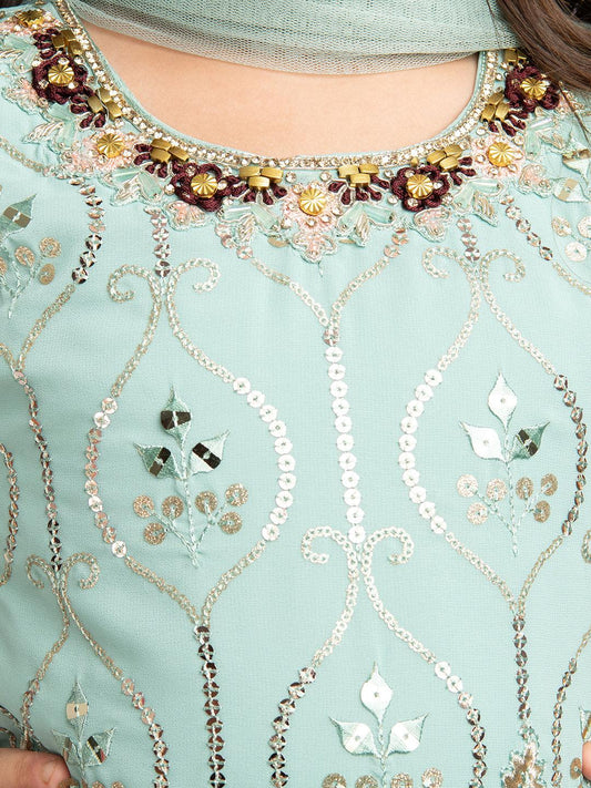 Turquoise Blue Floral Embroidered Sequinned Kurta with Sharara & With Dupatta For Girls - Betty Ethnic India - Gharara / Sharara Set - Betty Girls Wear Online