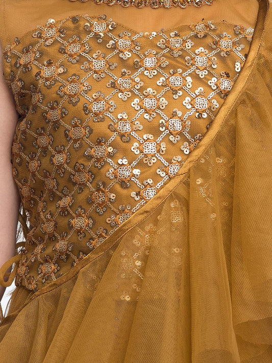 Girls Golden Embellished Sequinned Ready to Wear Lehenga & Blouse With Dupatta - Betty Ethnic India - Saris & Lehengas - Betty Girls Wear Online