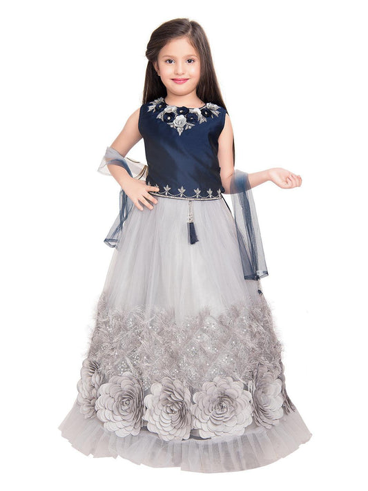 Blue & Grey Embroidered Ready to Wear Lehenga & Blouse With Dupatta Choli For Girls - Betty Ethnic India - Saris & Lehengas - Betty Girls Wear Online