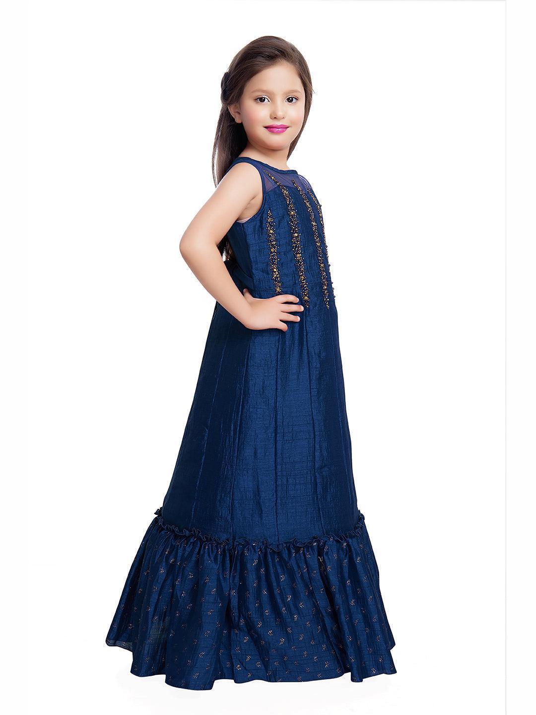 Blue Embellished Hand Work Ethnic Gown For Girls - Betty Ethnic India - Gown - Betty Girls Wear Online