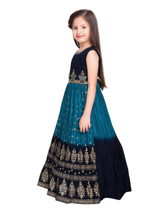 Blue Ethnic Motifs Embroidered Design Chinon Fabric Ethnic Gown For Girls - Betty Ethnic India - Gown - Betty Girls Wear Online