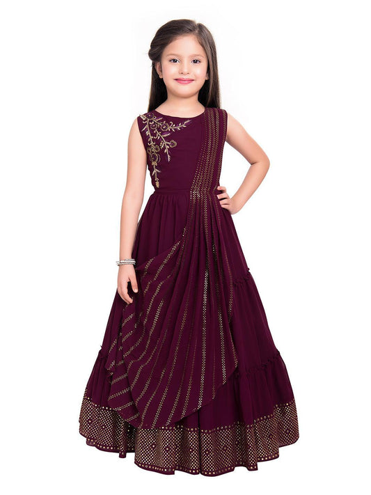 Burgundy Coloured Embellished Dupatta Styled Georgette Gown For Girls - Betty Ethnic India - Gown - Betty Girls Wear Online